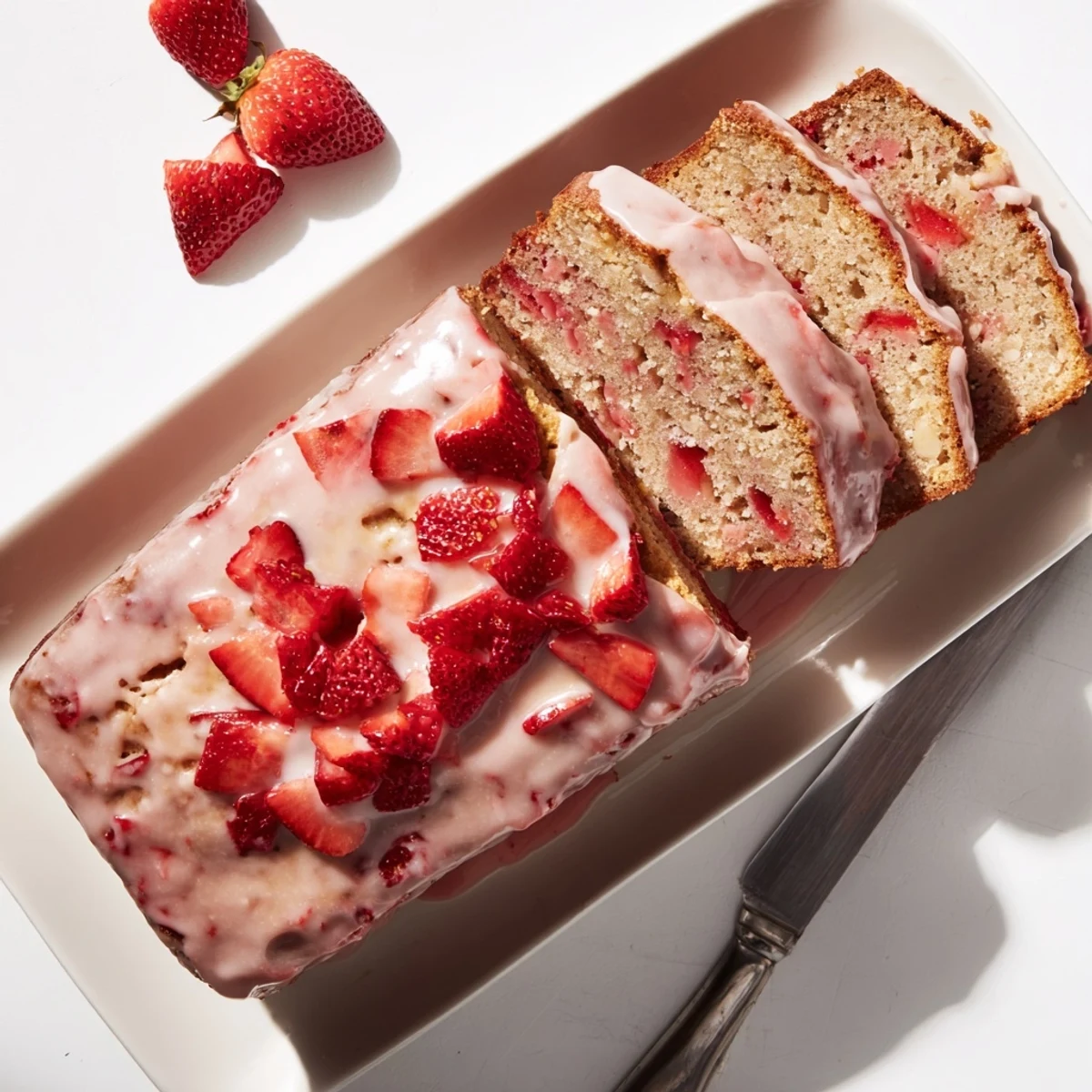 Sliced piece of Strawberry Milkshake Pound Cake reveals moist interior with chopped strawberries and a drizzled strawberry glaze on a rustic plate.