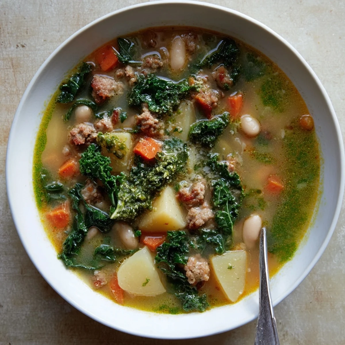 A comforting bowl of Zuppa Toscana with Basil Pesto Lemon Broth featuring sausage, kale, and potatoes.
