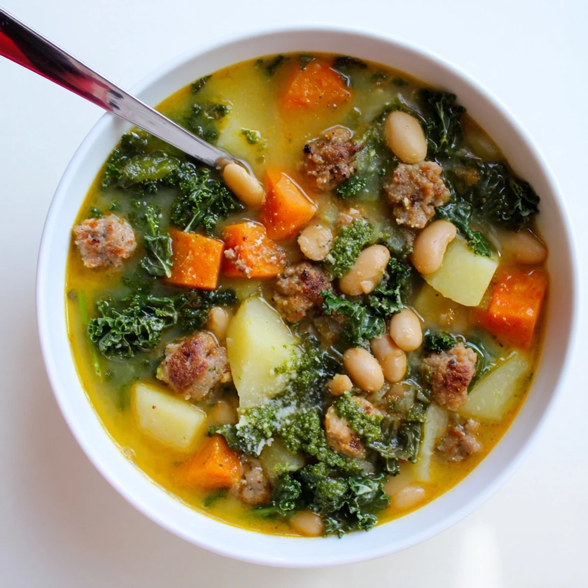 Zuppa Toscana with Basil Pesto Lemon Broth steams beside fresh basil leaves in a rustic white bowl.