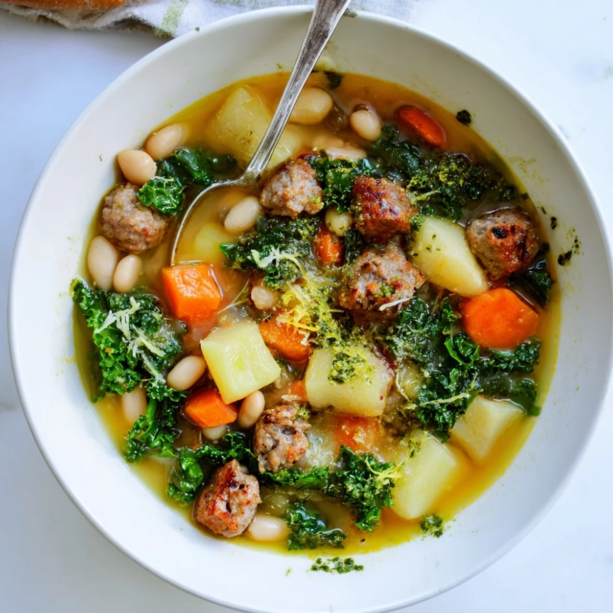 Serving suggestion for Zuppa Toscana with Basil Pesto Lemon Broth topped with creamy pesto and lemon zest.