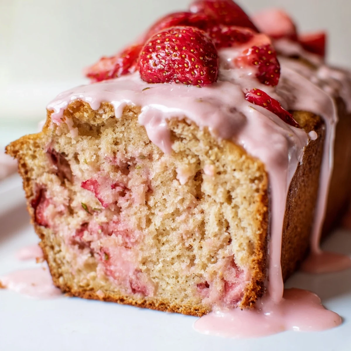 A slice of Strawberry Milkshake Pound Cake with creamy glaze and fresh strawberry garnish on a plate.  