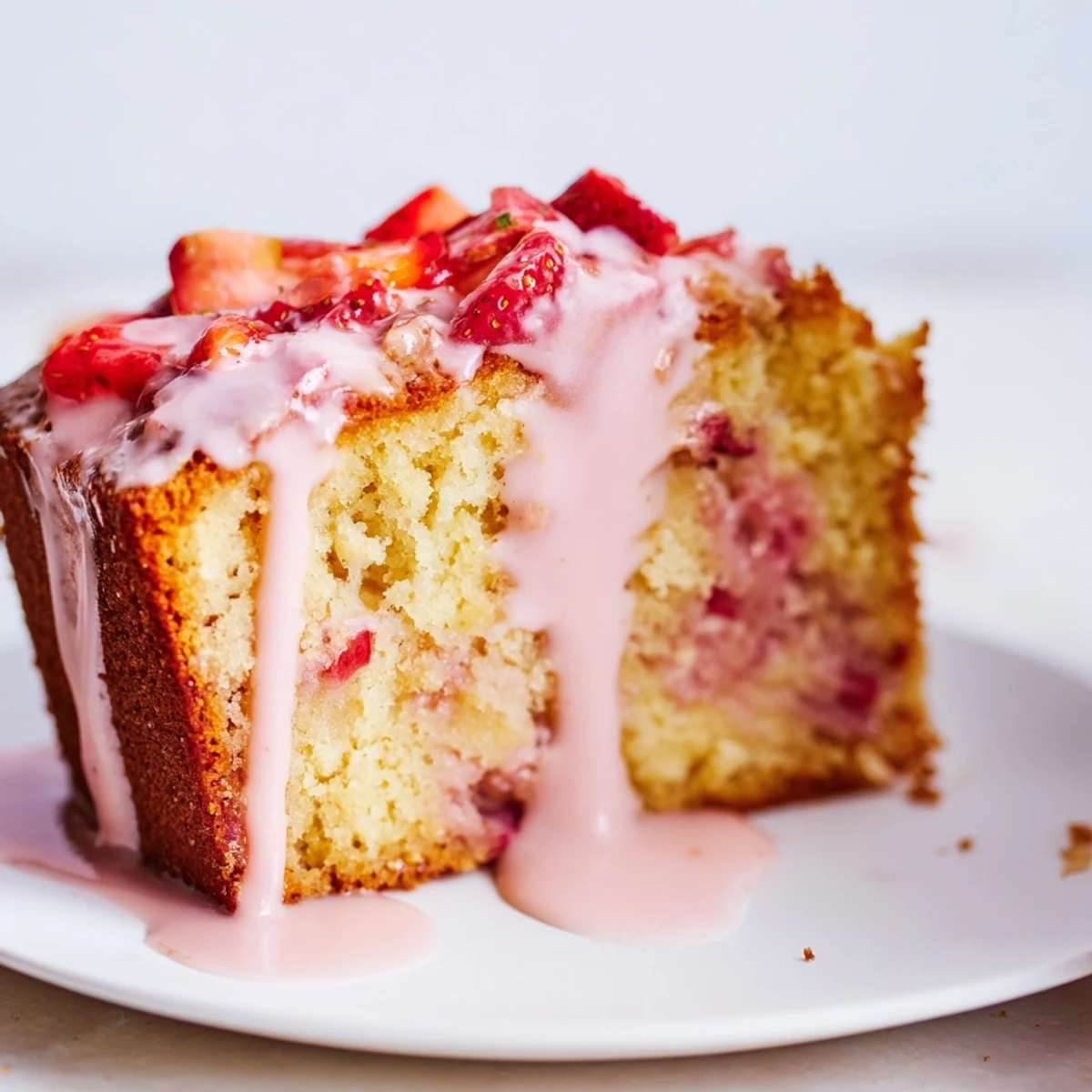 Moist Strawberry Milkshake Pound Cake topped with drizzled glaze and sliced strawberries on a rustic table.  