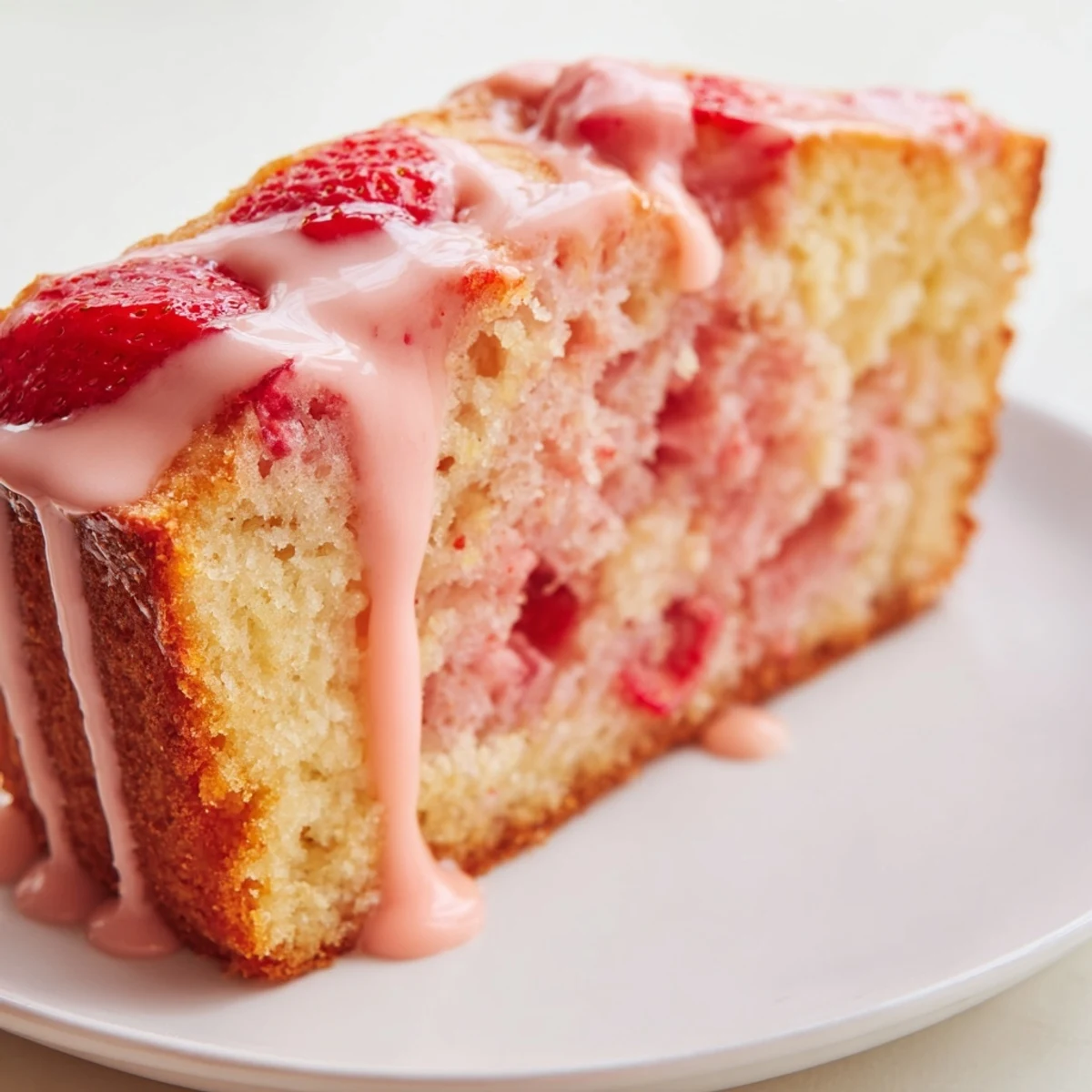 Strawberry Milkshake Pound Cake cooling on a wire rack with a glaze drizzle and fresh berries nearby.