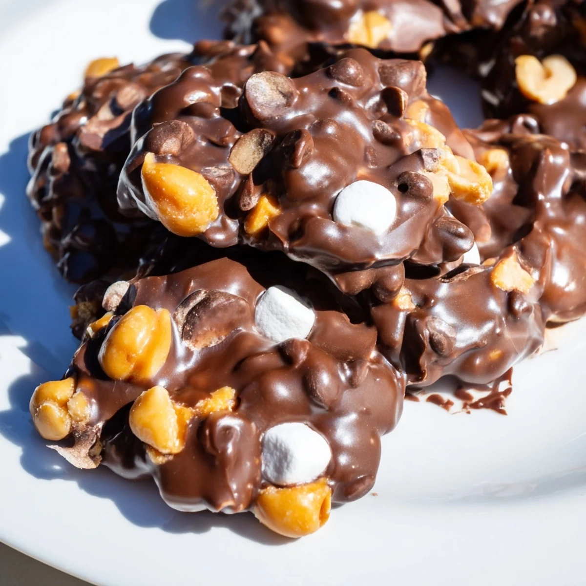 Hand placing a spoonful of Peanut Marshmallow Clusters onto a baking sheet, with melted chocolate, peanuts, and marshmallows ready to mix for easy homemade treats.