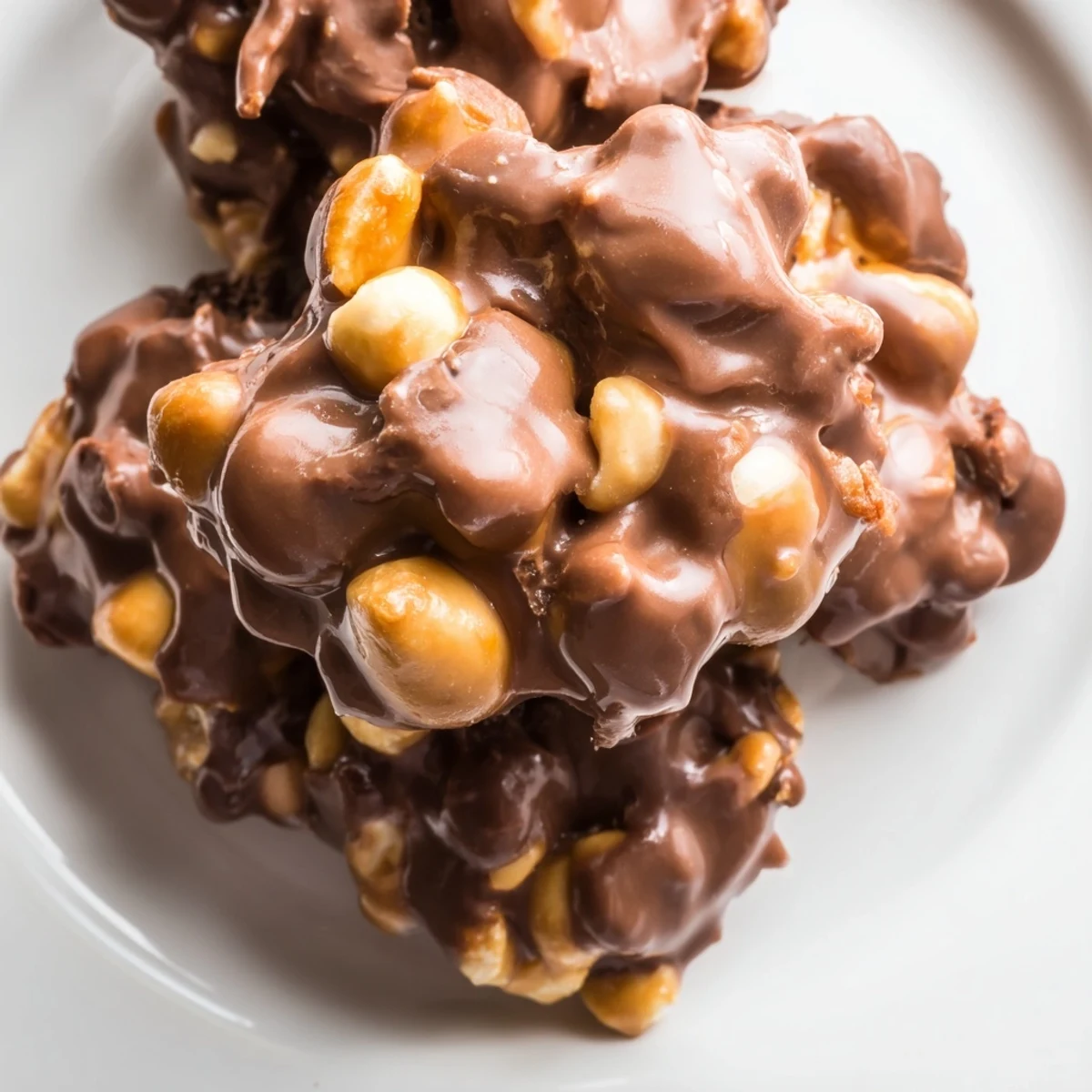 Freshly set Peanut Marshmallow Clusters stacked on a white plate, ready for gifting or snacking, with visible peanuts and marshmallows inside smooth chocolate coating.