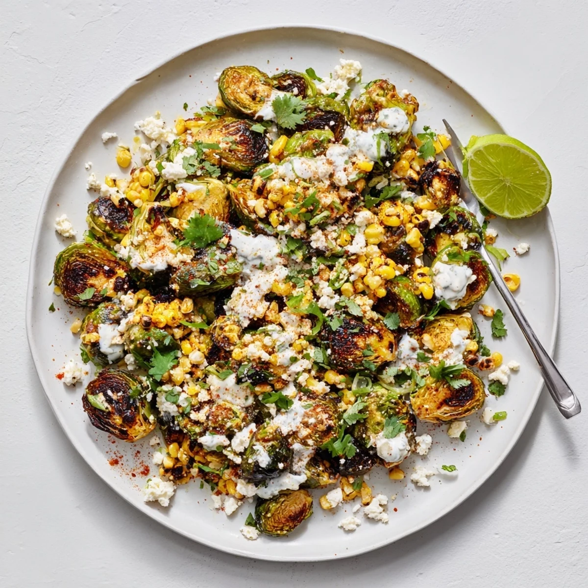 Crispy roasted Mexican Street Corn Brussels Sprouts served with crumbled cotija and fresh cilantro garnish on a white plate.