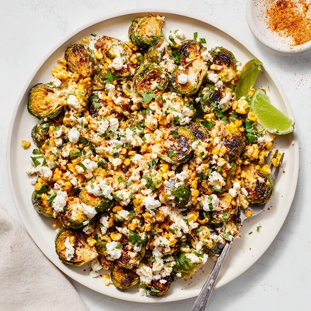 Golden brown Mexican Street Corn Brussels Sprouts tossed in creamy, tangy dressing and topped with chili powder and lime wedges.