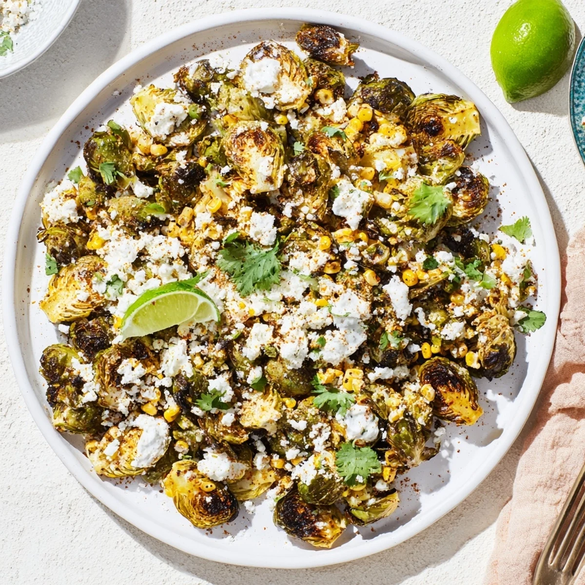 Sizzling tray of Mexican Street Corn Brussels Sprouts with charred corn kernels, scallions, and a drizzle of spicy lime crema.
