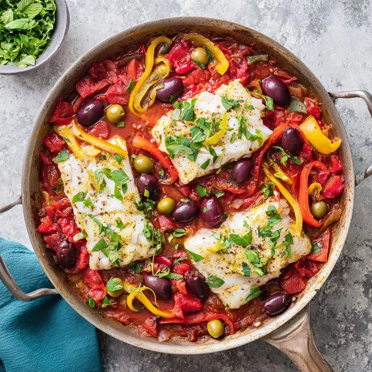Freshly baked Mediterranean Baked Cod with olives and tomatoes in a skillet, garnished with herbs.