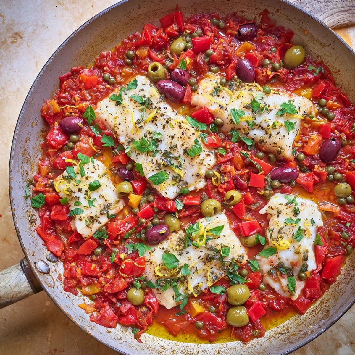 A close-up of Mediterranean Baked Cod flaking easily, surrounded by briny olives and capers in tomato sauce.