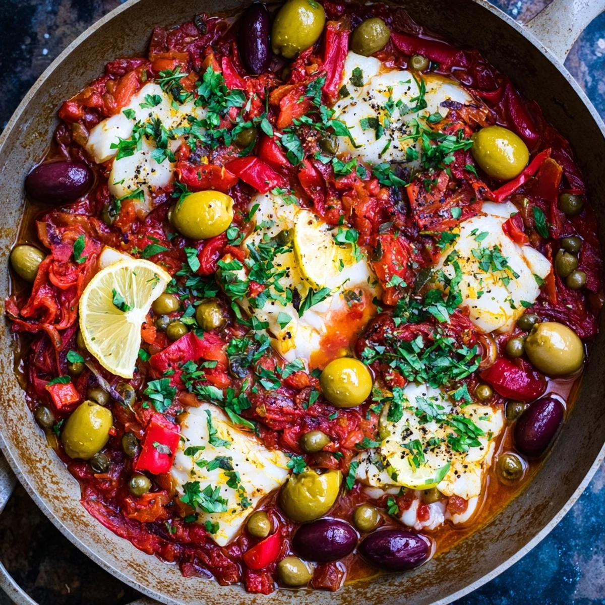 Mediterranean Baked Cod served in a white dish with lemon wedges and fresh basil for a bright finish.