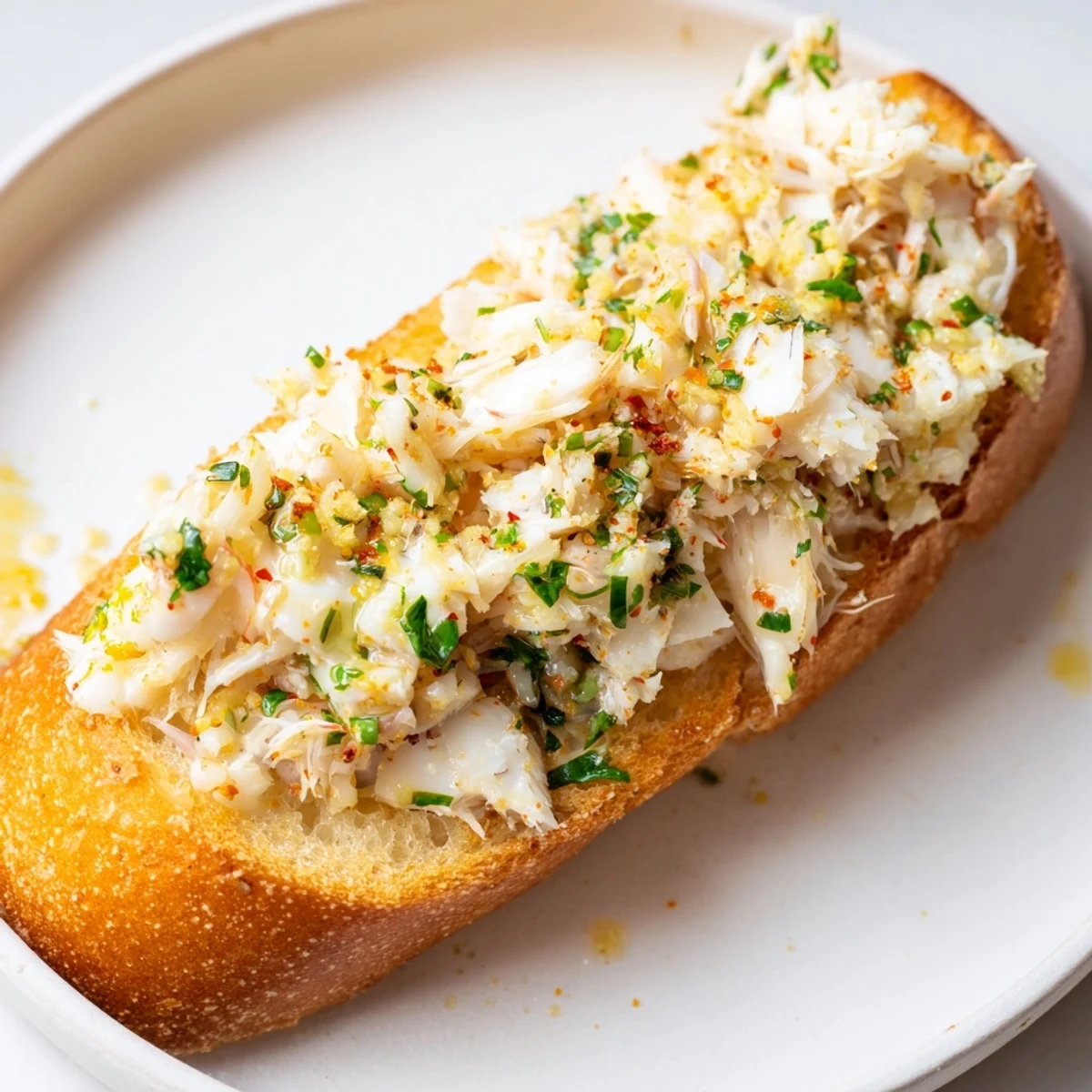 Golden toasted baguette slices topped with warm lump crab meat glistening in rich garlic butter, garnished with fresh chives and lemon wedges.
