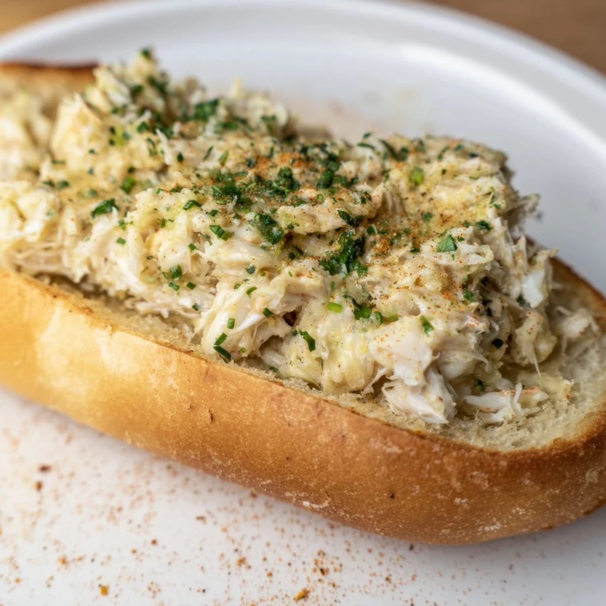 A close-up of succulent Garlic Butter Crab Toasts, with visible herbs and a squeeze of lemon over crispy bread and tender crab.