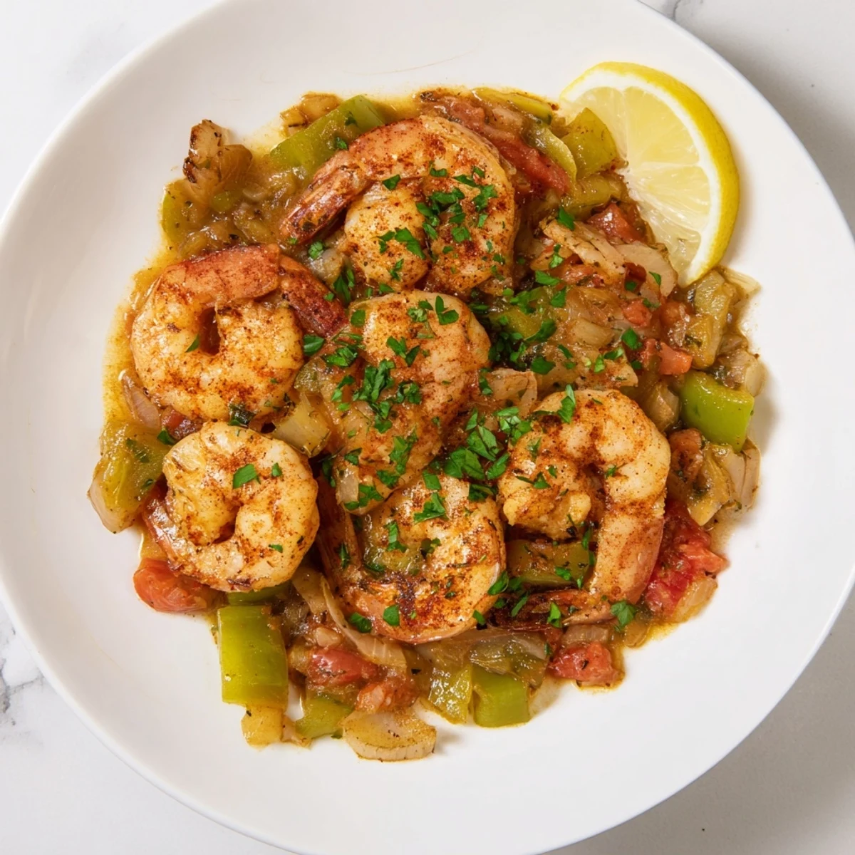 Golden-brown Bubba Gump Shrimp New Orleans simmering in a rich, zesty Cajun sauce with diced tomatoes, onions, and bell peppers.