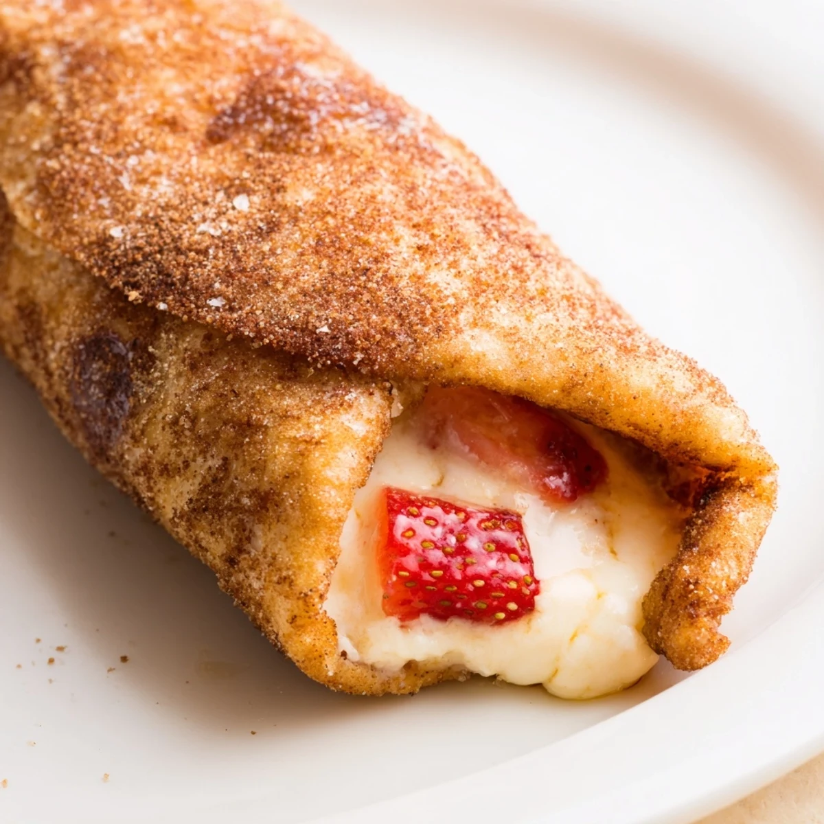Golden-brown Cheesecake Dessert Chimichangas coated in cinnamon sugar, served warm on a plate.
