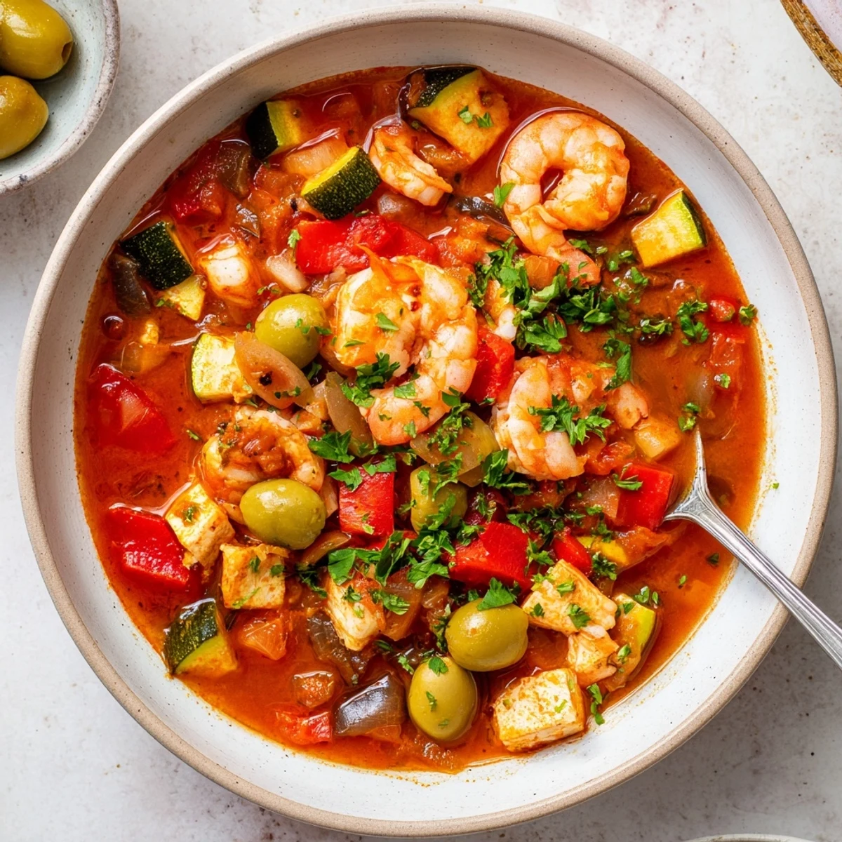 Mediterranean Seafood Shrimp Chili With Olives steaming in a rustic pot, featuring plump shrimp, tender fish pieces, and vibrant diced bell peppers.