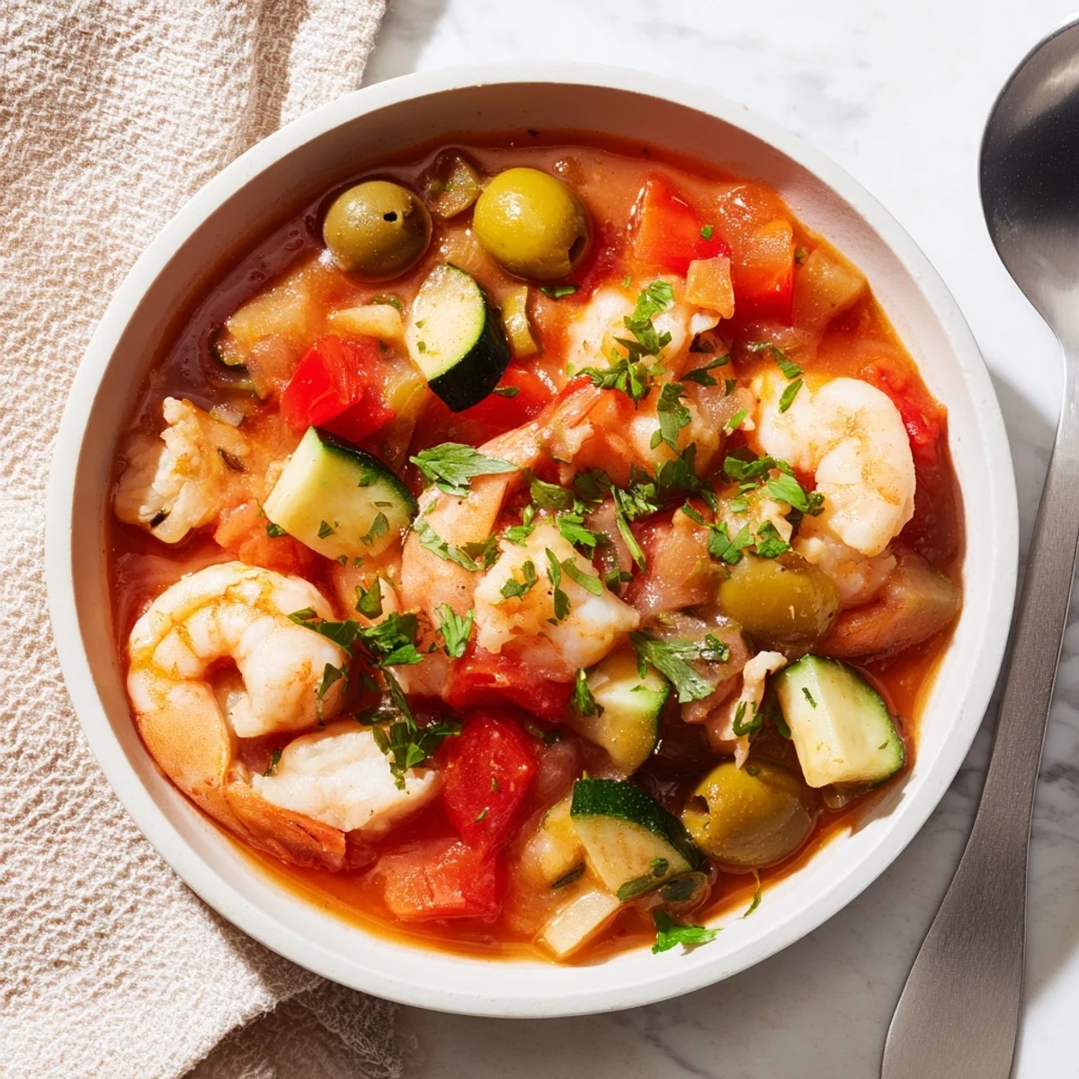 Serve Mediterranean Seafood Shrimp Chili With Olives over rice, with crusty bread on the side for dipping into the rich, aromatic broth.