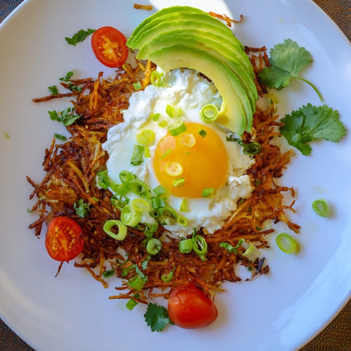 Golden, crispy Loaded Hash Browns topped with fluffy fried eggs, creamy avocado slices, and a dollop of cottage cheese on a plate.