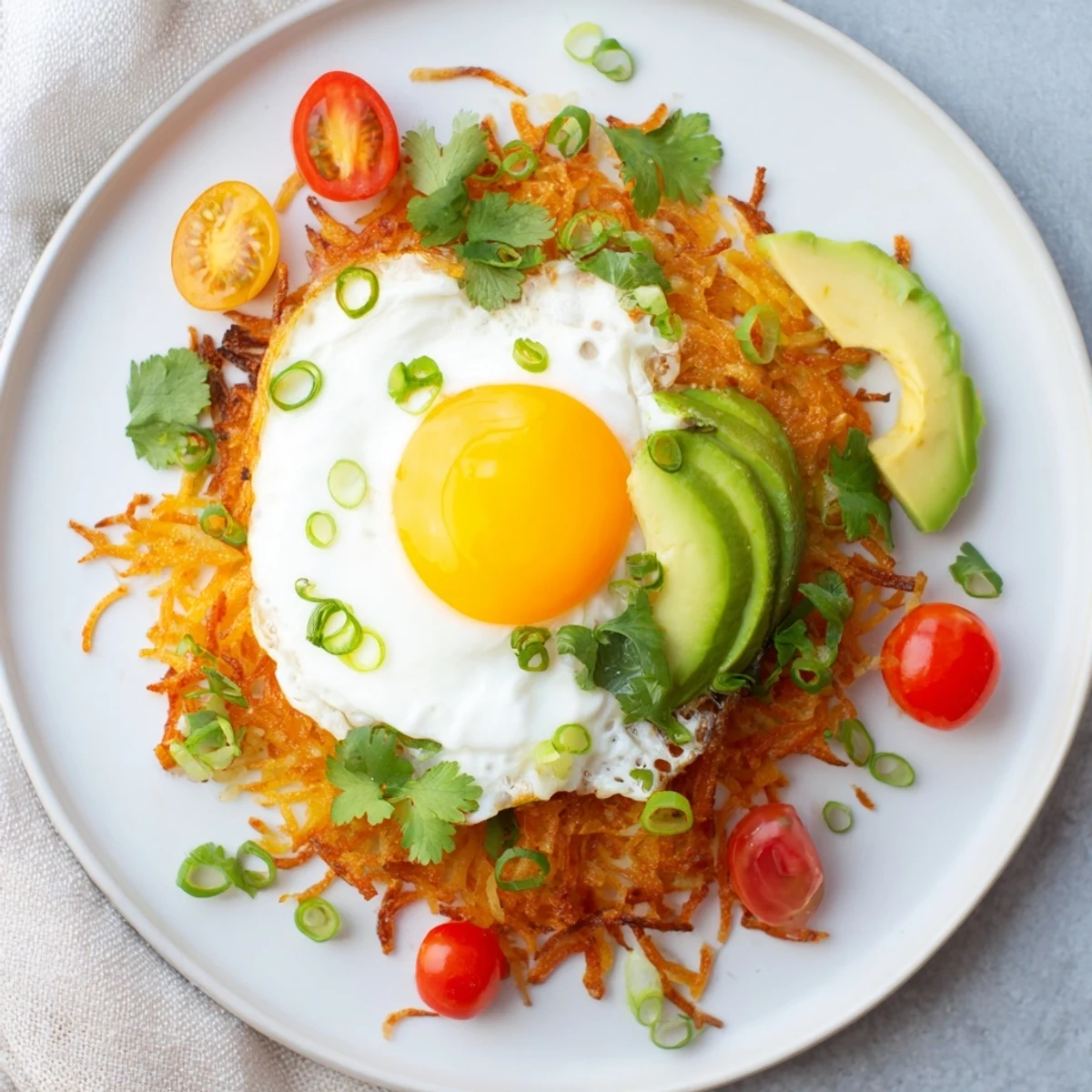 Colorful plate of Loaded Hash Browns featuring cottage cheese, sliced avocado, and a fork-ready runny egg yolk, perfect for brunch.