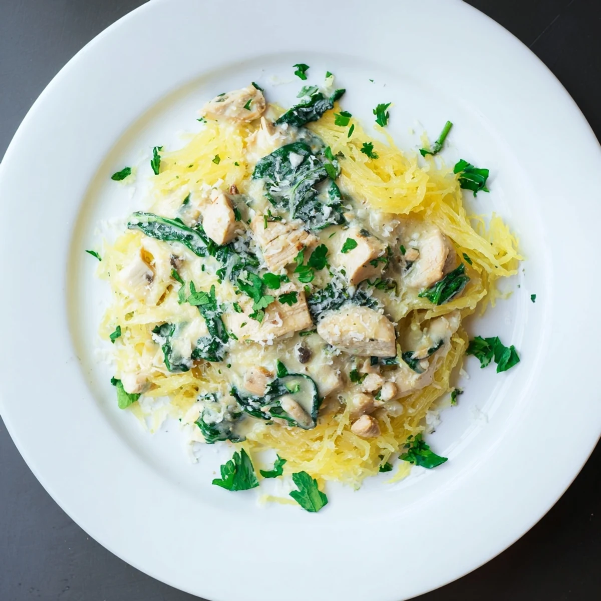Creamy Chicken and Spinach Spaghetti Squash Alfredo served hot in a skillet with melted Parmesan and fresh parsley garnish.