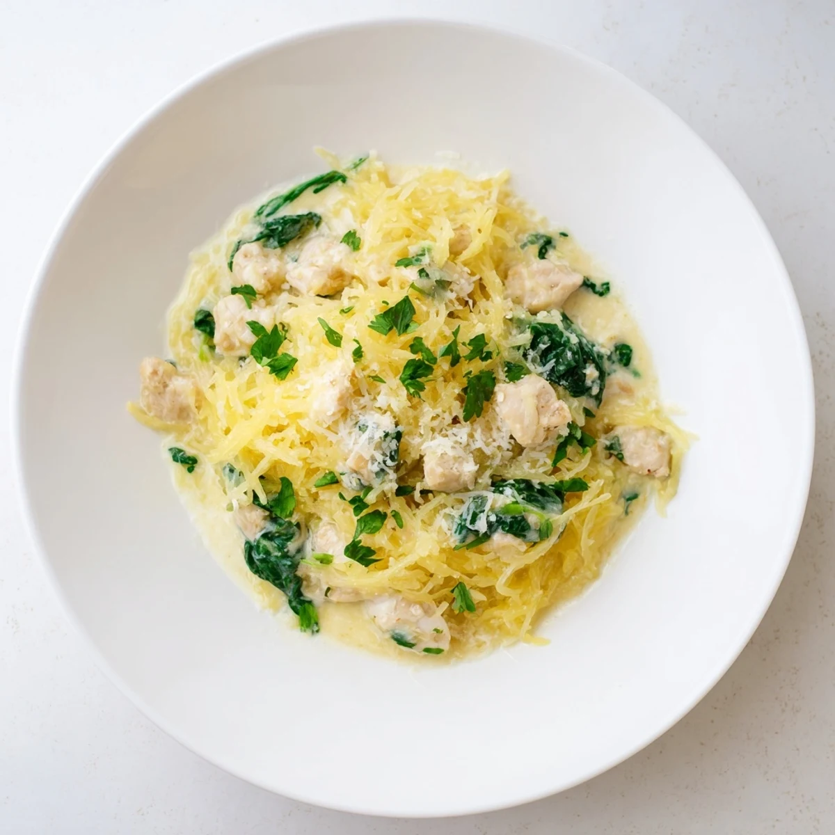 A fork twirls low-carb Chicken and Spinach Spaghetti Squash Alfredo, plated with fresh parsley and a sprinkle of grated Parmesan.