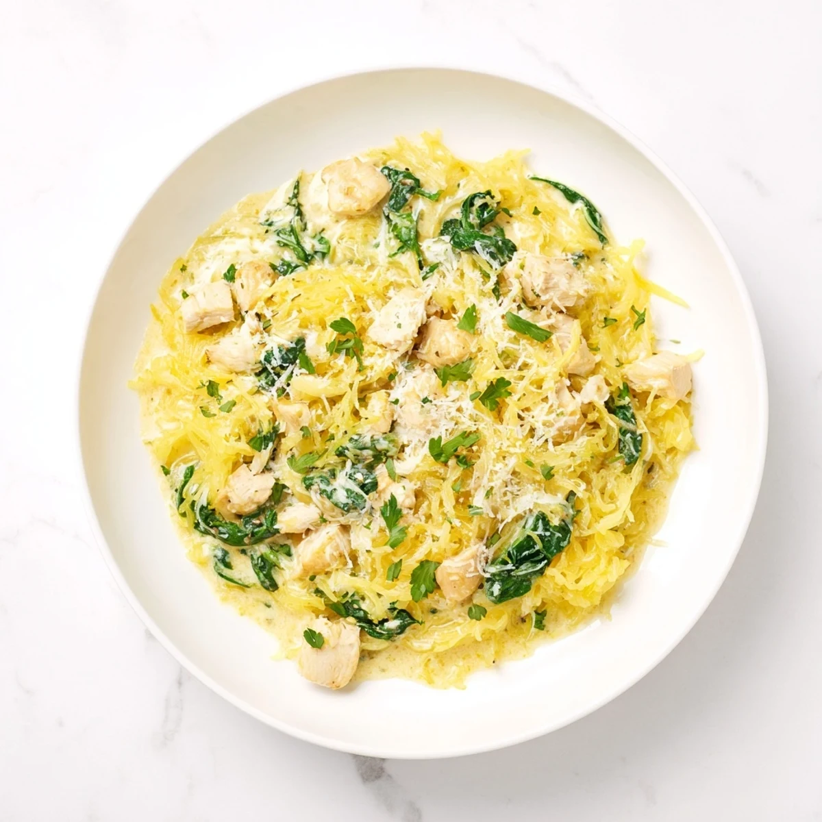 Golden roasted spaghetti squash noodles tossed with tender chicken and wilted spinach in a rich garlic Parmesan Alfredo sauce.