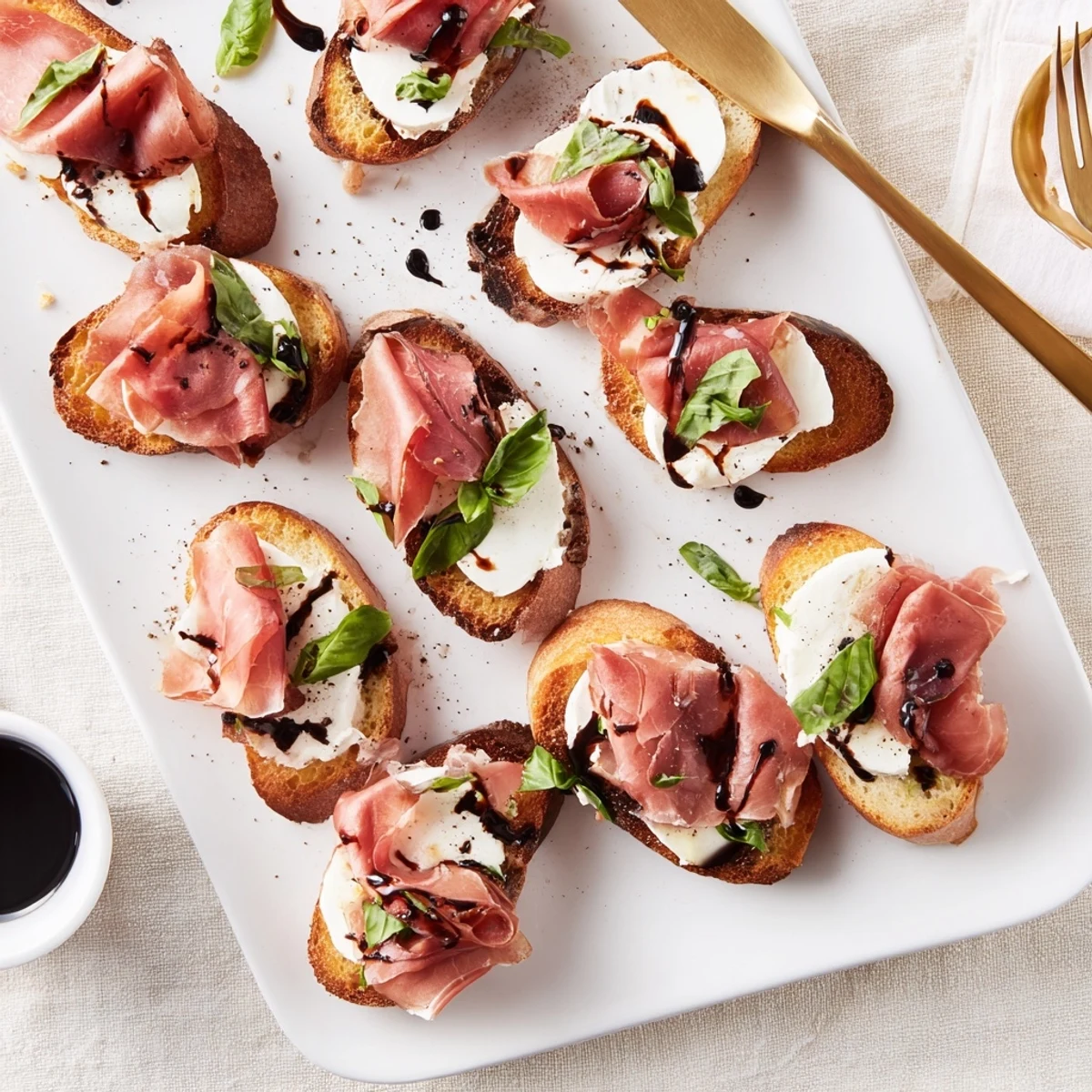 Golden toasted baguette slices are topped with melted mozzarella, savory roast beef, and fresh basil, drizzled with balsamic glaze.