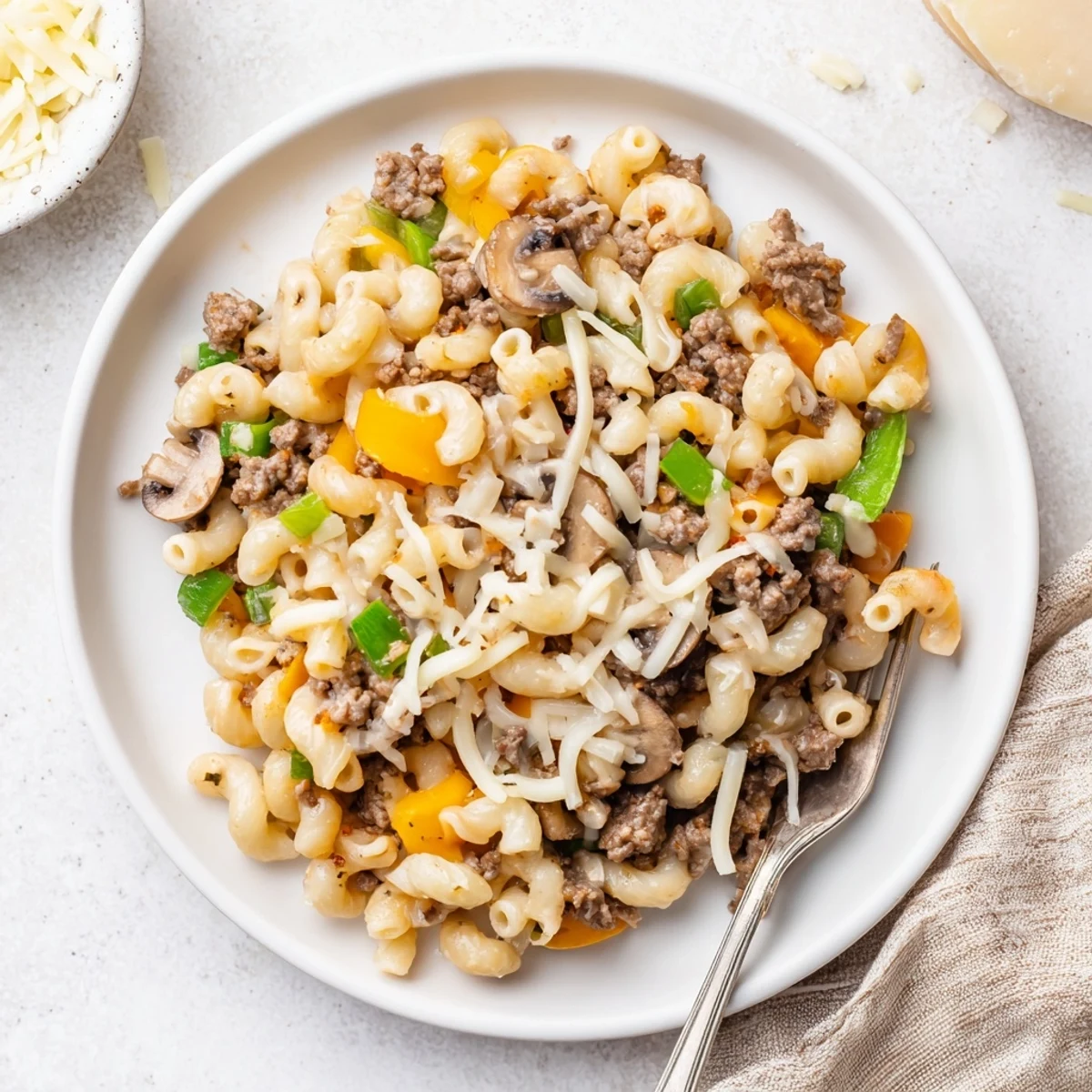 Golden-brown melted provolone and mozzarella top the skillet of Easy High Protein Philly Cheesesteak Mac, ready to serve.