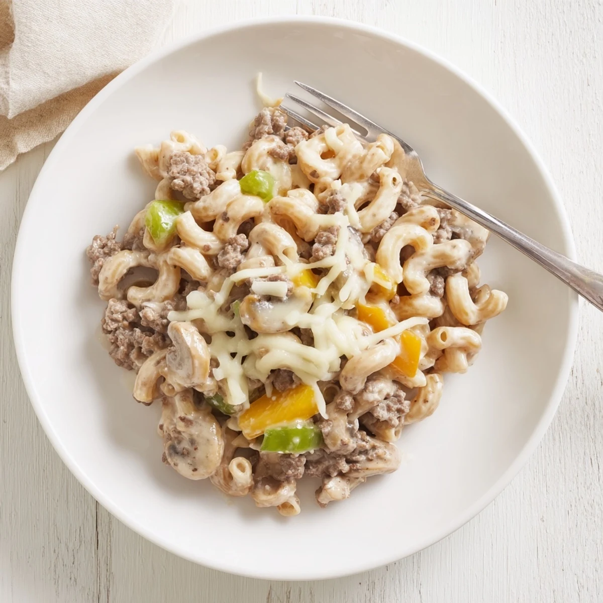 Diced green peppers and sautéed onions mix with creamy pasta in this hearty Easy High Protein Philly Cheesesteak Mac.
