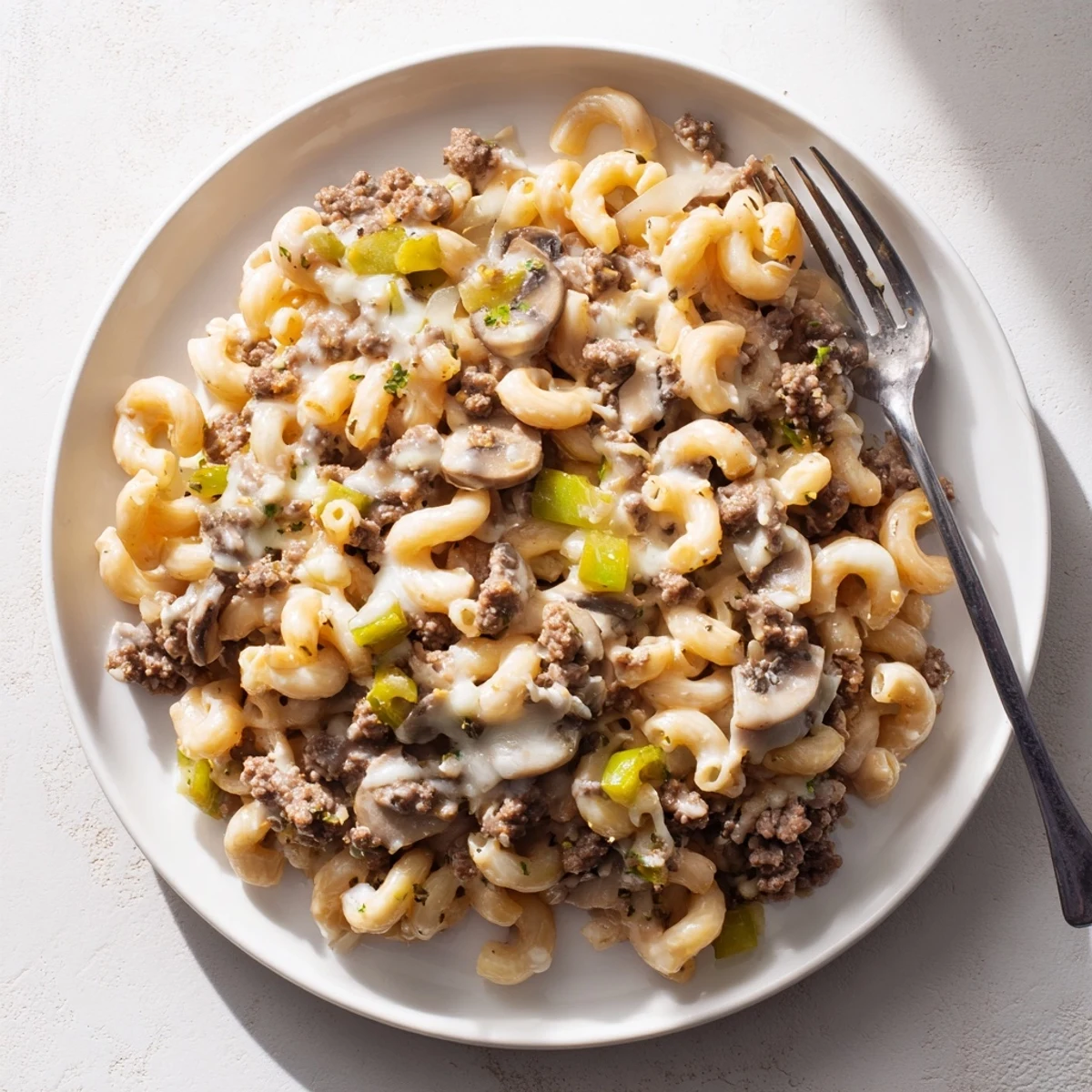 Steam rises from a comforting bowl of Easy High Protein Philly Cheesesteak Mac garnished with fresh parsley.