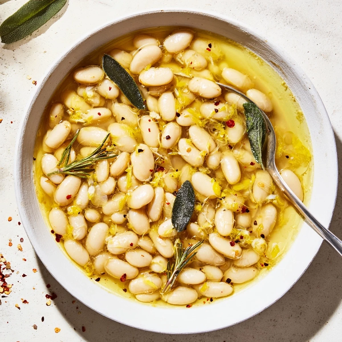 Creamy Tuscan White Beans with fresh rosemary and sage served warm with crusty bread.