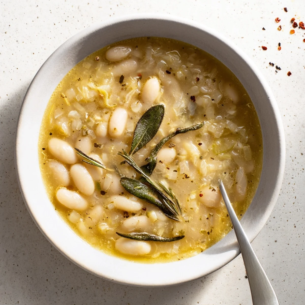 Garlicky Tuscan White Beans simmered in olive oil, herbs, and vegetable broth.