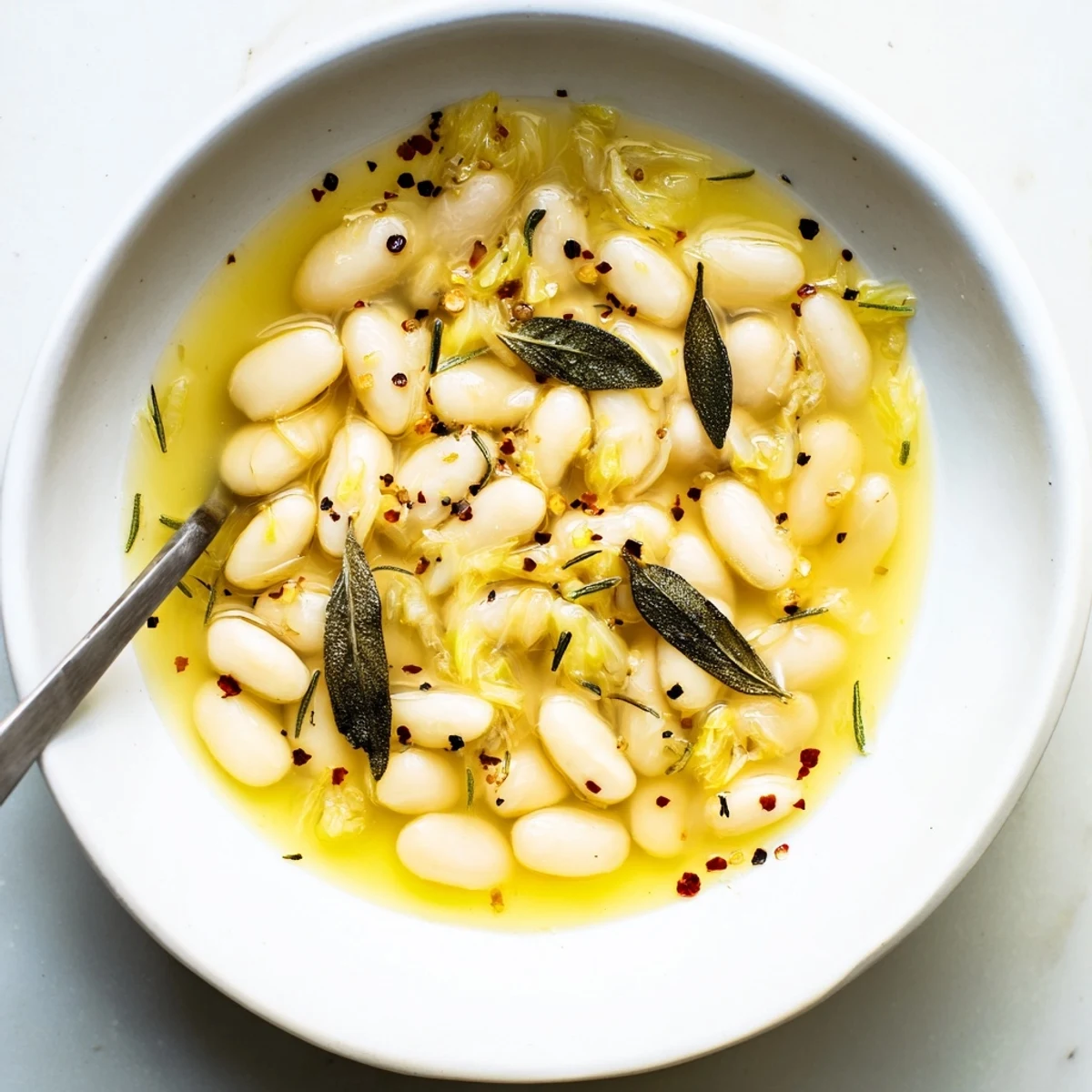 Hearty Tuscan White Beans topped with red pepper flakes and extra olive oil.