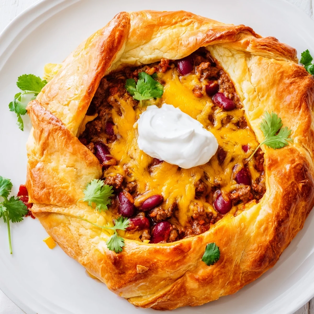 Golden Beef Chili Taco Crescent Roll Ring baked to bubbly perfection, with melted cheddar and a flaky crust ready to slice.