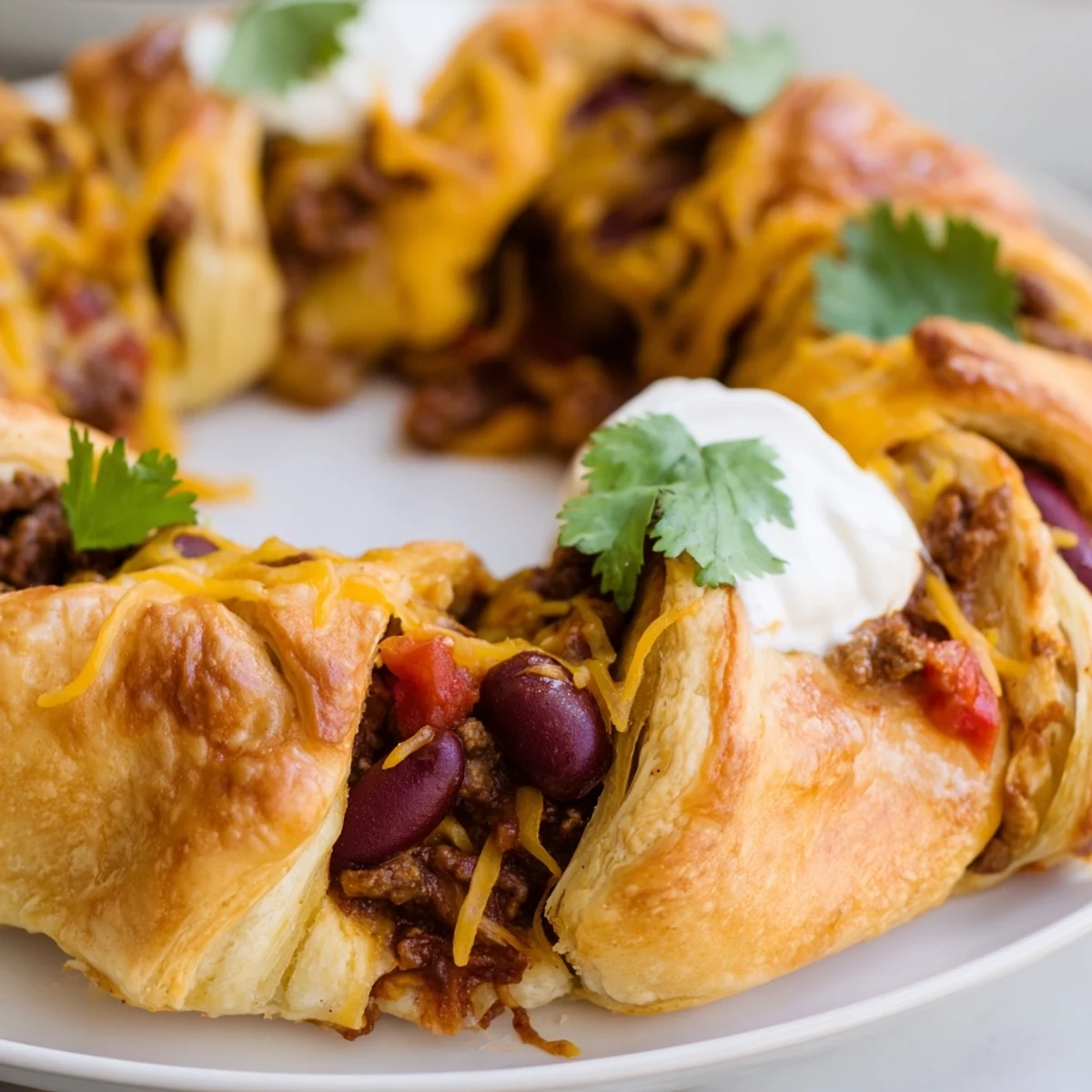 Freshly baked Beef Chili Taco Crescent Roll Ring with warm beef chili filling, golden pastry, and melted cheese, served for a family dinner.