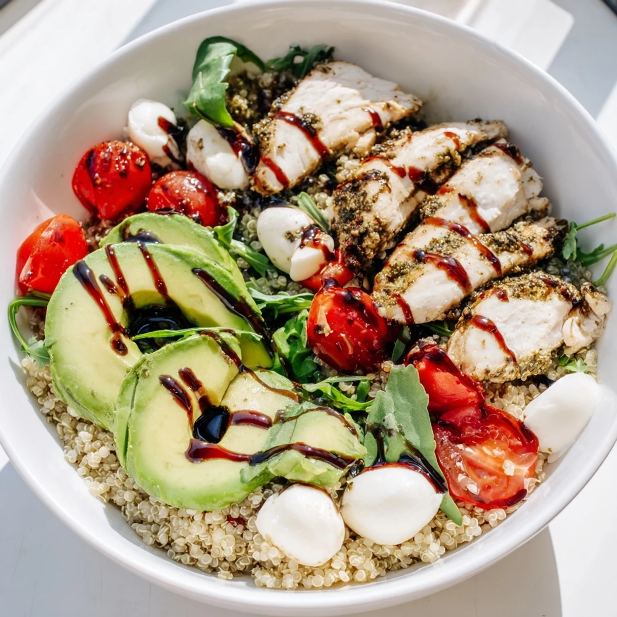 A plated serving of the Pesto Chicken Caprese Grain Bowl with succulent chicken, bright red tomatoes, fresh basil, and ripe avocado slices over grains, finished with a glossy balsamic drizzle.