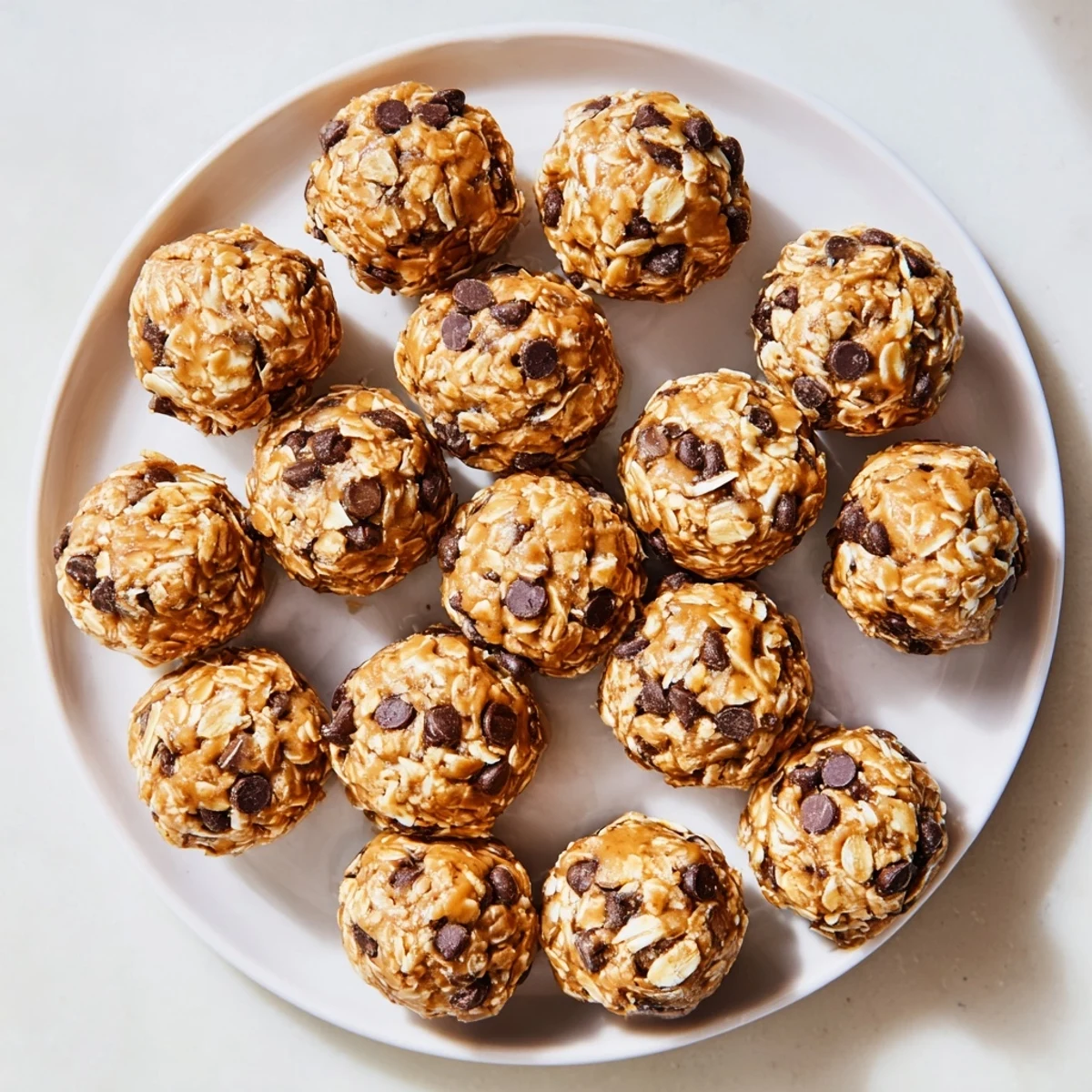 Fifteen Easy No Bake Chocolate Chip Energy Bites arranged on a rustic wooden board next to a jar of peanut butter and oats.