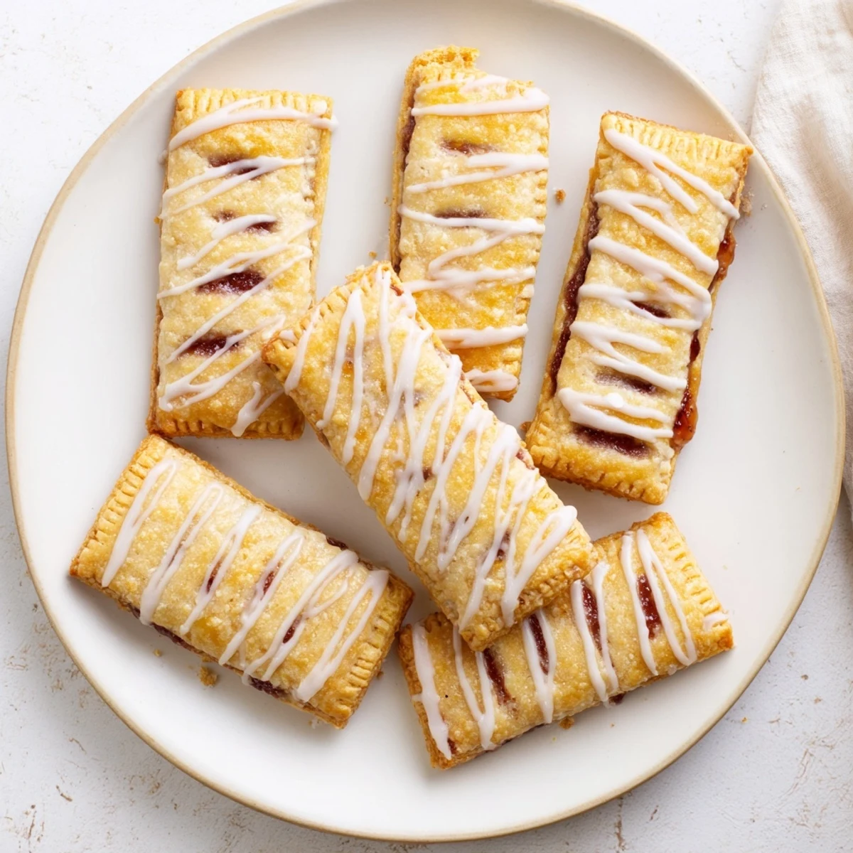 Serving Protein Pop Tarts warm on a plate, with scattered berries and a glass of milk nearby.