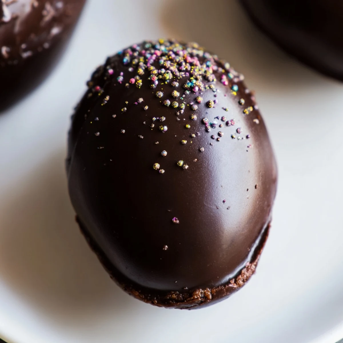 Shiny chocolate coated Easter Egg Oreo Balls on pastel plate, creamy filling visible inside.
