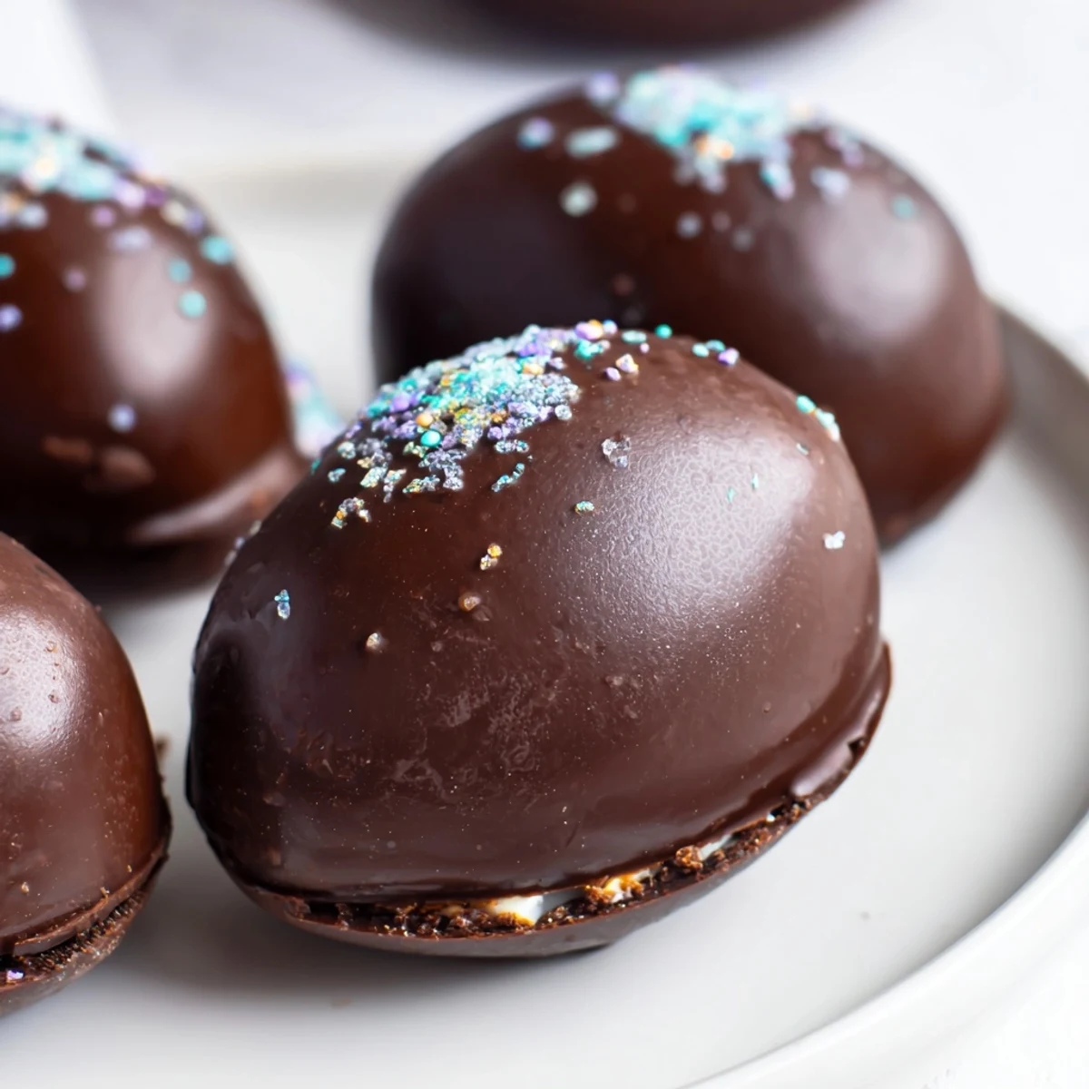 Hand holding one glazed Easter Egg Oreo Ball, showing rich chocolate shell and soft cookie texture.