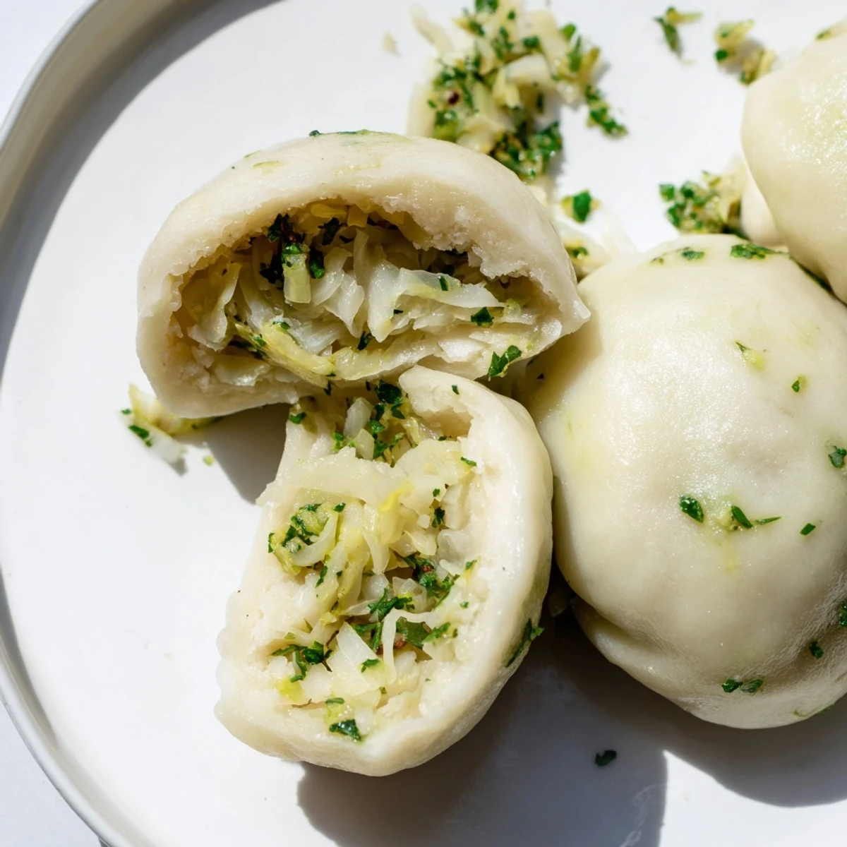 Steamed German Cabbage Dumplings resting in a shallow bowl, garnished with fresh parsley and a pat of melting butter.