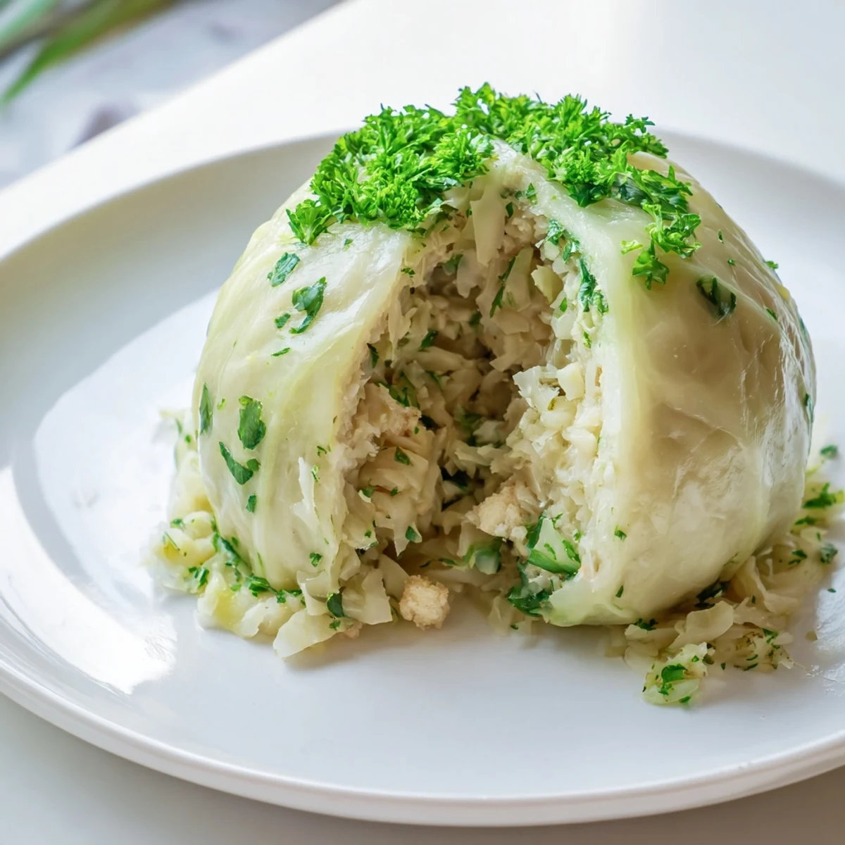 A close-up of golden German Cabbage Dumplings served on a plate alongside a creamy mushroom sauce for dipping.