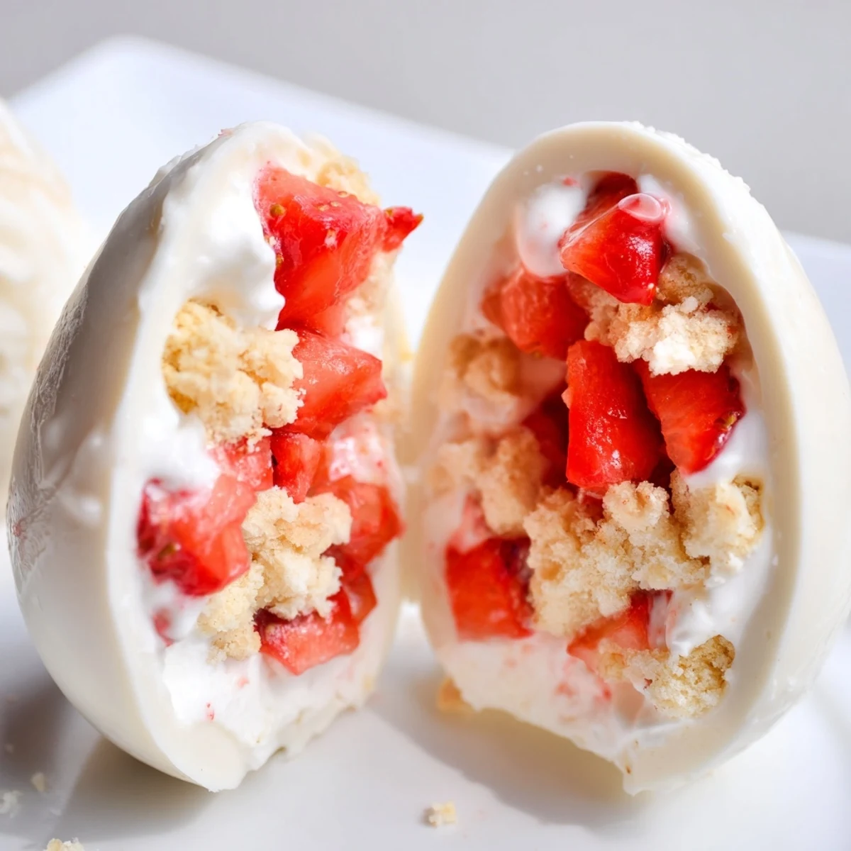 A close-up of homemade Strawberry Shortcake Easter Egg Bombs with pastel-colored white chocolate shells and whipped cream peeking out.