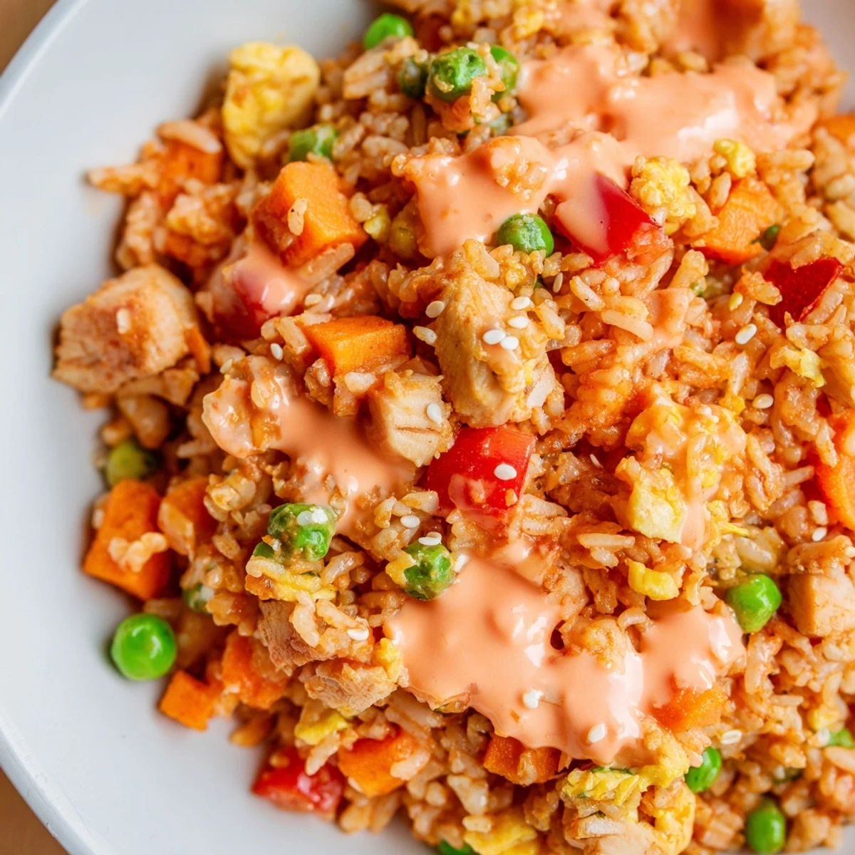 A close-up of Bang Bang Fried Rice with colorful diced veggies, tender chicken, and creamy Bang Bang sauce drizzled on top, garnished with sesame seeds.