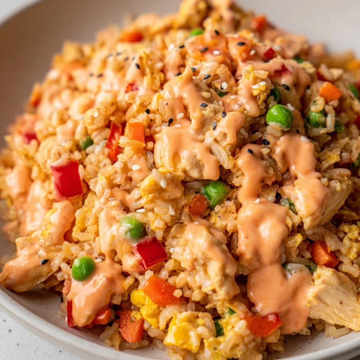 A serving bowl of Bang Bang Fried Rice topped with green onions and sesame seeds, paired with a glass of Riesling wine for a complete meal.