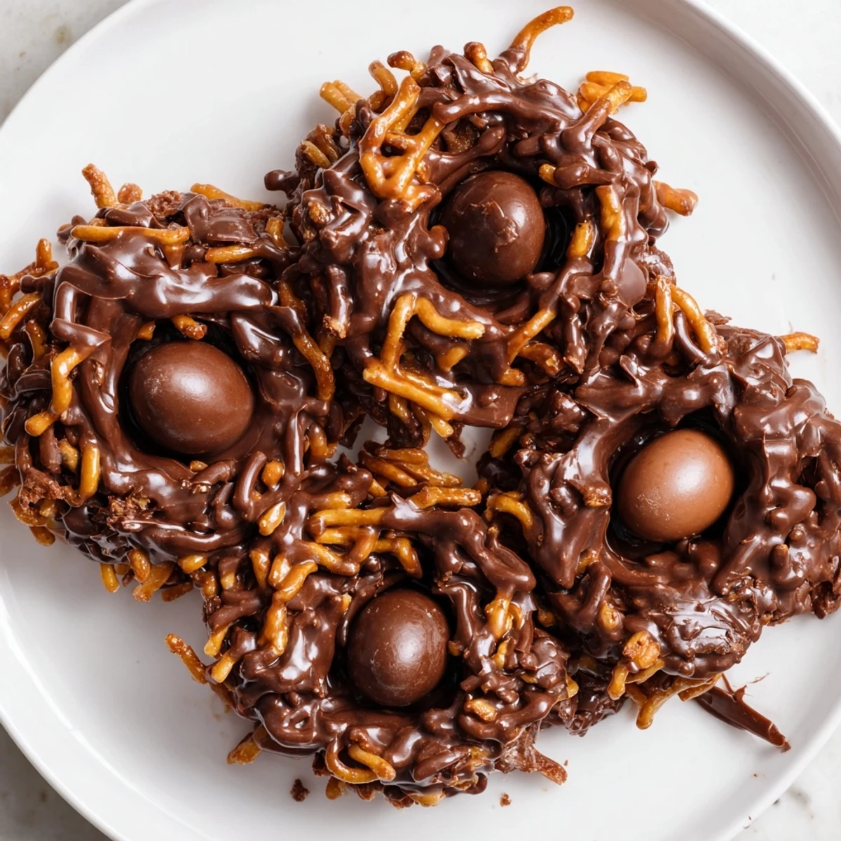 Close-up of Easter Birds Nest Cookies with Peanut Butter and Chocolate, showing textured chow mein noodles topped with candy eggs.