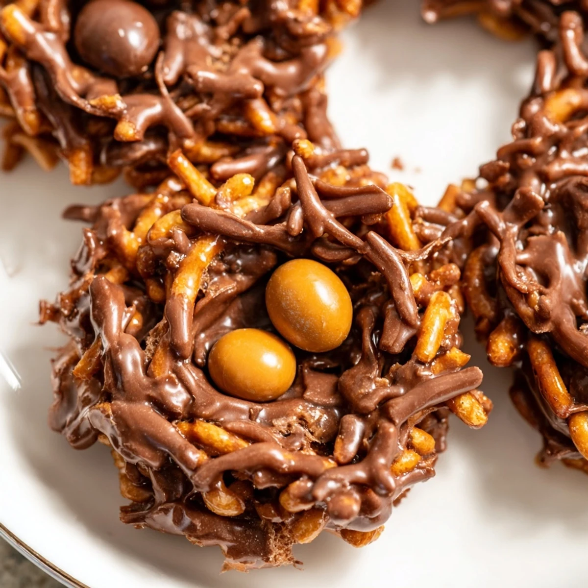 A serving plate of Easter Birds Nest Cookies with Peanut Butter and Chocolate, where chocolate and peanut butter blend with crunchy noodles for a festive treat.
