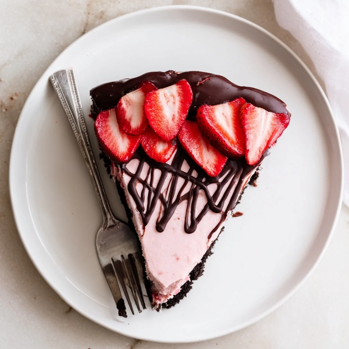 A slice of Chocolate Covered Strawberry Cheesecake with a chocolate cookie crust and fresh strawberry garnish on a plate.
