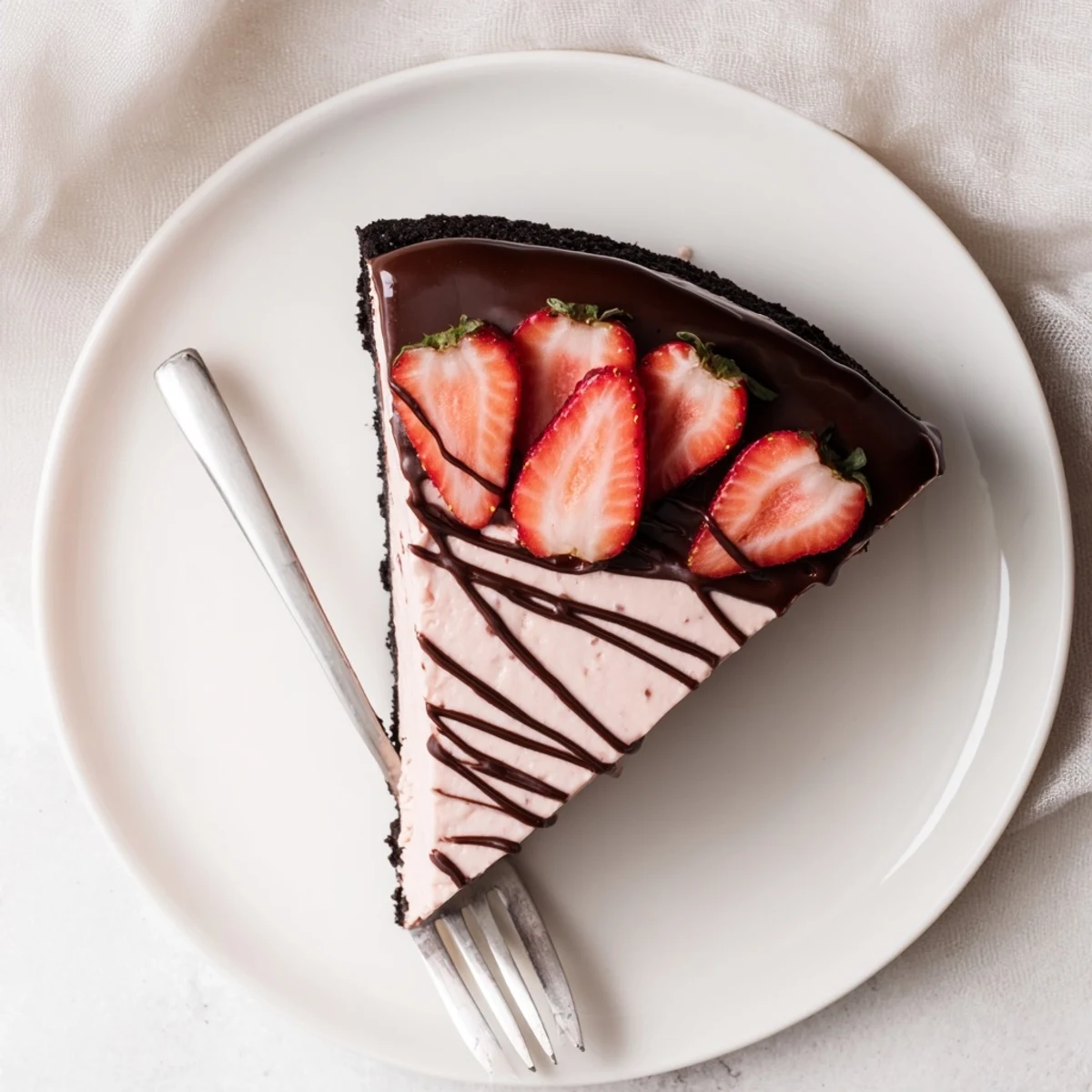 Decadent Chocolate Covered Strawberry Cheesecake with creamy filling, chocolate drizzle, and a glass of sparkling rosé.