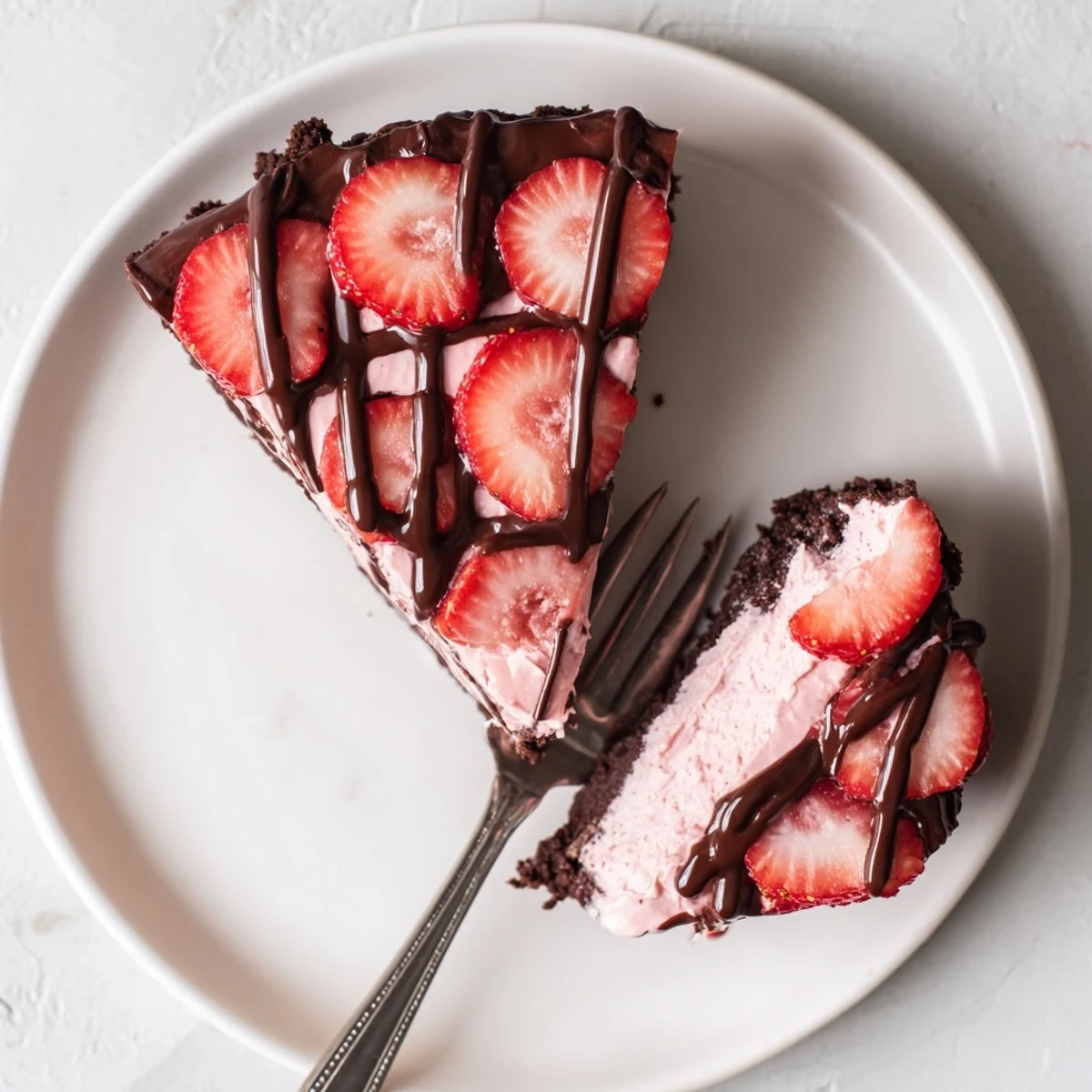 Rich Chocolate Covered Strawberry Cheesecake topped with glossy ganache and halved strawberries on a marble counter.